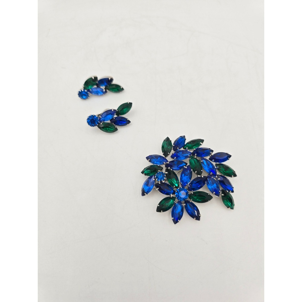 Vintage Juliana ? D&E Blue Green Rhinestone Brooch Earring‎ Set Puddled Solder